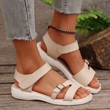 Women's Minimalist Soft Sole Sandals, New Fashion Roman Style Student Flat Sandals, Plus Size Solid Color Buckle Closure Daily Wear Hollow-Out Asymmetric Design - Champagne - View 5