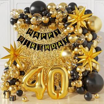5/10/18inch Confetti Black Metallic Gold Latex Balloons Garland Arch Kit And Number 18 30 40 50 60 Foil Balloons , 1 Set Happy Birthday Banners For Women Men 18th 30th 40th 50th 60th Birthday Party Decorations With Supplies