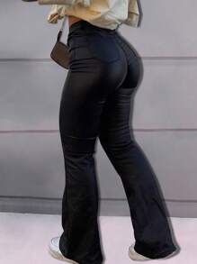 Apperloth A Plus Size Women Bootcut Pants Faux Leather Stretch High Waisted Wide Leg Baggy Flared Leg Dress Pants With Pockets For Casual Vacation Outfits - Black - View 4