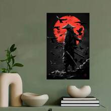 Framed  Japanese Anime Samurai Wall Art Print, Pine  Framed Canvas Poster, Abstract Red Sun And Crows Design, Home Office Cafe Decor, Wrapped Canvas Wall Hanging Decor - Framed(框架) - 查看 5