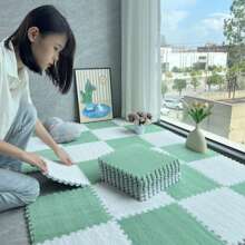 12pcs/Set (6 Mint Green + 6 White) Plush Patchwork Floor Mat, 12*12*0.39 Inches Small Size Carpet, Peel & Stick Rug, Bedroom Decor, Home Decorative Rug, Bedroom Rug, Decorative Carpet, Bedroom Carpet, Room Carpet, Living Room Carpet Set, Game Room Mat, EVA Bottom & Linen Top Rectangular Trimmable & Washable, Suitable For Daily Home Scenarios