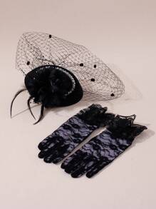 1 套儿童派对礼服，配有珍珠迷你帽和蕾丝手套组合，适合活动、派对和拍照 - 帽子和手套 - 查看 7