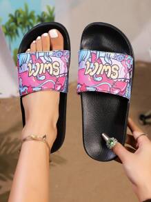 Women Cartoon Letter Style Slip-On Slippers, Casual EVA Material Open Toe Soft Bottom Shoes, Comfortable Indoor Home Bathroom Slippers
