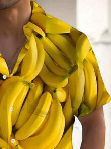 Plus Size Men's Hawaiian Banana 3D Digital Print Button Pocket Short Sleeve Aloha Shirt - Yellow - View 4