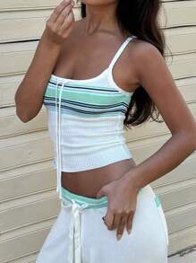 Summer Striped Contrast Color Slim Fit Design Knitted Tank Top Short Women's Clothing - Green - View 5