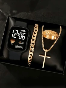 1pc Men's Square Digital Sports Watch And 3pcs Bracelet Necklace Ring Set, Best Halloween Gift - Multicolor - View 15