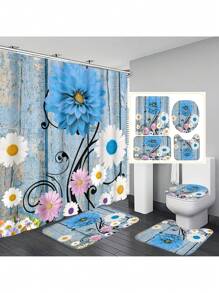 1 Stück / 4 Stücke farbenfrohe abstrakte Blumen Kunstwerke Multifunktions Badezimmer wasserdichter Duschvorhang mit 12 Haken, rutschfeste Badmatte, U-förmige Toilettenvorlage und runde Toilettendeckelabdeckung, Badezimmer Set für alle Szenarien Schulanfang