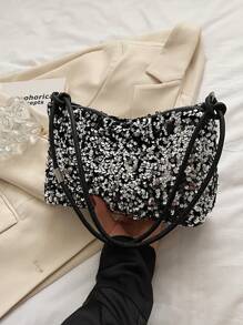 1 件银色亮片顺滑拉链休闲纯色手提包，用途广泛，适合女性日常使用 - 銀色 - 查看 4