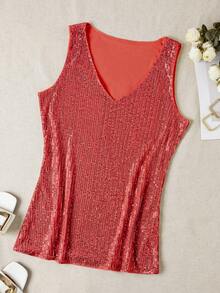 Sequin V-Neck Sleeveless Tank Top, Elegant For Spring And Summer - Red - View 3