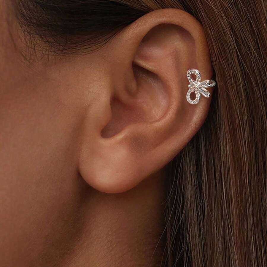 bamoer 1 件单色 925 纯银蝴蝶结耳夹 适合女士少女 个性方晶锆石镀铂金优雅耳夹