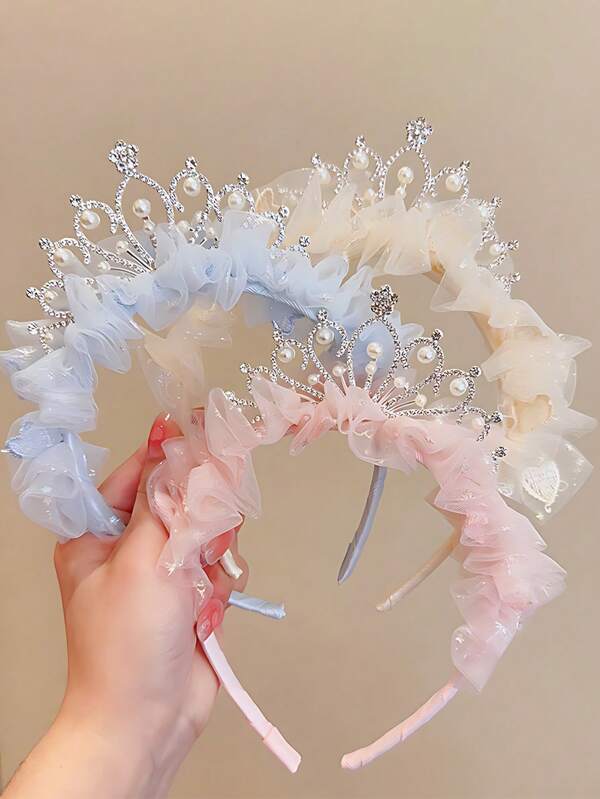 1 pezzo Cerchietto con corona, perle e pizzo per bambini, accessorio per capelli antiscivolo, dolce e principesco, ideale per feste di compleanno di ragazze