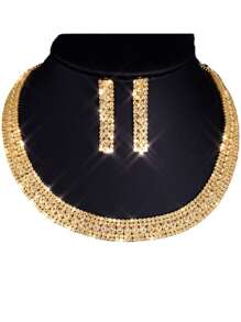 1set Shiny Gold Rhinestone Necklace & Earrings Set, Fashionable Party Accessory For Women