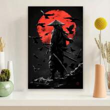 Framed  Japanese Anime Samurai Wall Art Print, Pine  Framed Canvas Poster, Abstract Red Sun And Crows Design, Home Office Cafe Decor, Wrapped Canvas Wall Hanging Decor - Framed(框架) - 查看 1