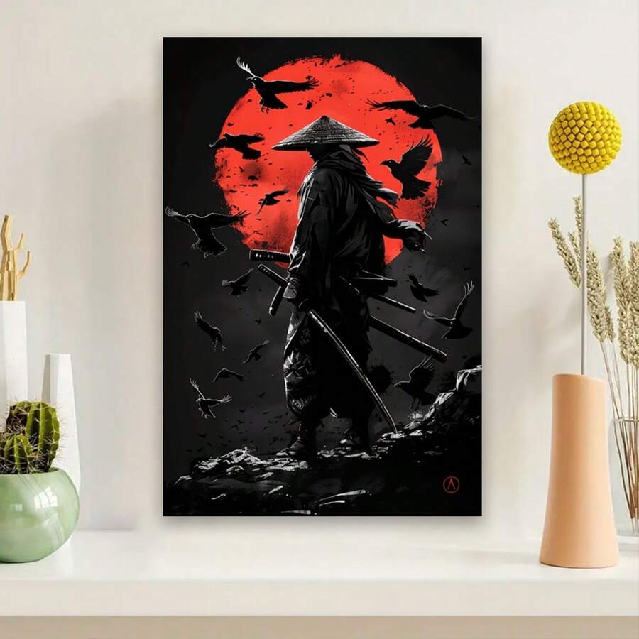 Framed  Japanese Anime Samurai Wall Art Print, Pine  Framed Canvas Poster, Abstract Red Sun And Crows Design, Home Office Cafe Decor, Wrapped Canvas Wall Hanging Decor - Framed(框架) - 查看 1