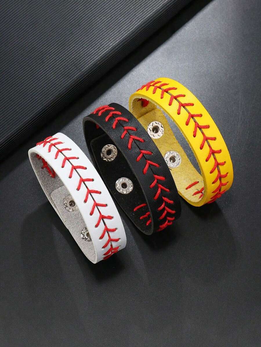 1pc Men's Creative Leather Wax Thread Braided Bracelet, Fashion Handmade Baseball Knitted Jewelry Accessory - Multicolor - View 1