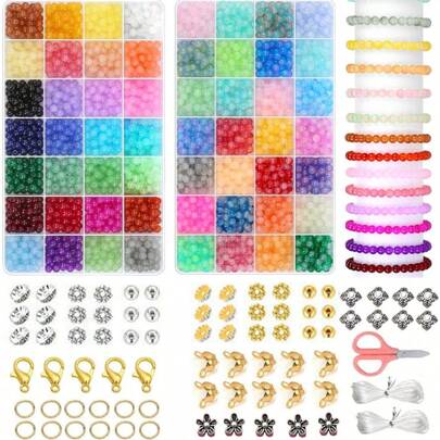 50pcs/360pcs/720pcs 8mm Cracked Crystal Glass Round Beads Jewelry Making Kit For DIY Bracelets, Necklaces, Earrings And Crafts, Beading Kit For Beginners (Random Colors)