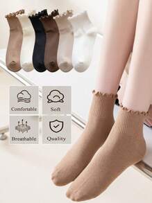 1/3/6 Pairs Women Ruffle Trim Socks, Thin Solid Color Mid-Calf Socks, Breathable Moisture-Wicking, Spring/Summer