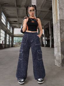 1pc Tween Girls Casual Loose Outdoor Sports Exercise Denim Effect Multi-Pocket Straight Leg Pants, Spring/Summer/Autumn/Winter - Blue - View 6