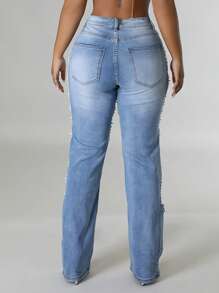 Women's Fashionable Straight Leg Large Hole Pearl Chain Decoration Mid Waist Jeans, Casual Street Pants - Màu xanh lam - Xem 6