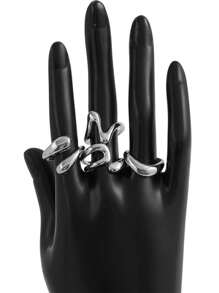 4pcs Set Asymmetrical Wide Shiny Silver Rings, Suitable For Women's Daily Wear - Silver - View 4