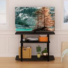3-Tier TV Stand, Entertainment Center With Stainless Steel Tubes, No Tools Assembly, Fits Up To 32-Inch TVs, Black TV Stand, Modern Media Console For Living Room, Dark Brown/Black - 黑胡桃木 - 查看 1