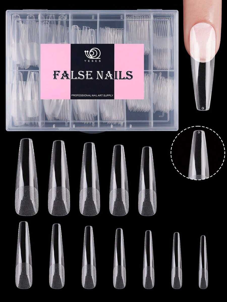240pcs XXL Long Coffin Full Cover 2 In 1 Half Matte Fake Nail Quick Extension Soft Gel Tips For Women And Girls Manicure Press On Nail Nails Nail Supplies - Clear - View 1