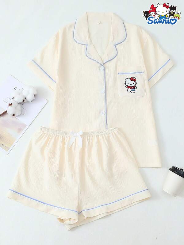 Conjunto con licencia oficial de Sanrio Hello Kitty de 2 piezas, blusa con botones de manga corta y bordado floral, y pantalones cortos con lazo, pijama adecuado para uso en casa en primavera/verano