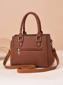 Bolso de mano de mujer de color liso con decoración de bola de felpa, de gran capacidad y de varios niveles, adecuado para citas y trabajo - Marrón - Ver 2