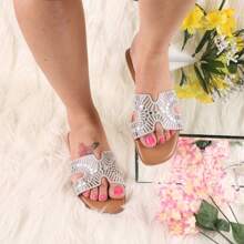 CHARM-37 WOMAN SANDAL OPEN TOE SLIP ON FLAT HEL ONE STRAP RHINESTONE EMBELLISHED