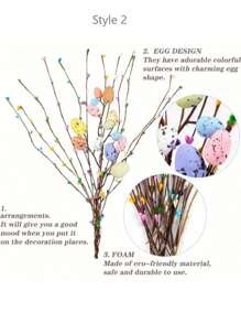 Bouquet de fleurs artificielles de Pâques, décoré d'œufs et de baies de couleurs claires, bouquet de fleurs en plastique pour la décoration de la maison, centres de table pour les fêtes (en raison de la fabrication mécanique, de légères imperfections peuvent être présentes à l'extrémité de la branche ou sur la surface des œufs)