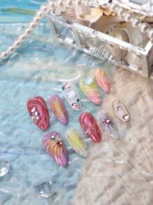 Get Romantic With 10pcs Almond Handmade Summer Beach Coral Pink Miss Mermaid Boho Princess Fake Nail Set Vanity Colorful Star Gradient Yellow 3d Three-Dimensional Decoration Mermaid Pearl Y2K European Style Full Cover Acrylic Press On Nails Kit For Women And Girls With 1pc Mini Nail File & 1 Sheet Adhesive Tabs