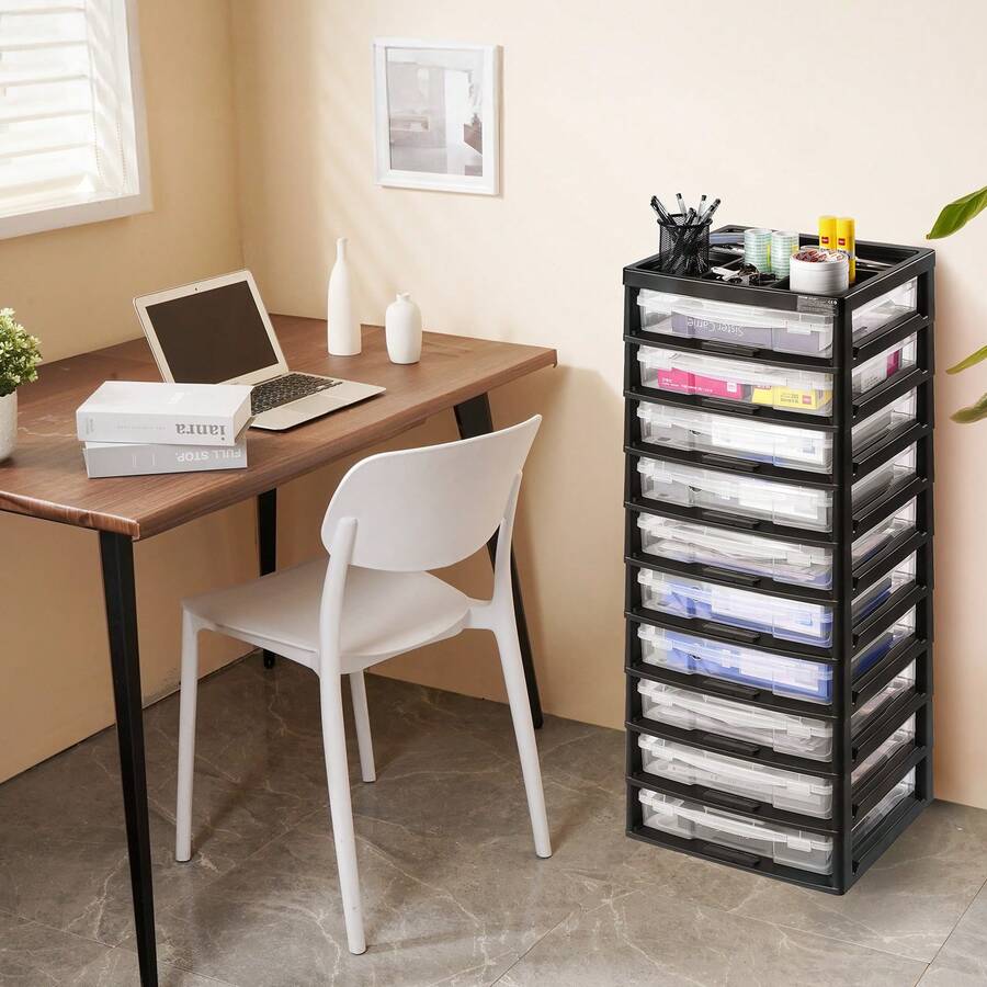 Plastic Storage Organizer, 6-Layer Or 10-Layer Large Capacity With Organizer Top, Black, PP Material Multi-Purpose Scrapbook Storage With 4 Removable Wheels Or No Wheels, Suitable For Office Essential Tools Crafts Supplies - 10 Layers, Without Boxes and Casters - View 1