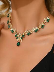 1pc Elegant Alloy Rhinestone & CZ Crystal Pendant Necklace, Women Bridal Jewelry, Party & Holiday Gift - Golden Green - View 5