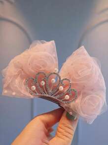 1个公主皇冠发夹生日顶部发夹头饰甜美可爱3D蝴蝶结发夹 - 網紗皇冠蝴蝶結頂夾 - 查看 4