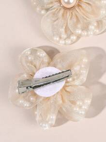 2 piezas Pinzas para el cabello con flor beige para mujeres y niñas, de unicolor con perlas, moño de malla, pinzas de cocodrilo, elegantes pinzas para el cabello con moño, accesorios para el cabello para vacaciones, bodas, fiestas y regalos