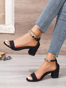 女式黑色仿珍珠装饰带高跟凉鞋，休闲时尚粗跟露趾正装凉鞋，适合派对、度假，百搭 - 黑色串珠 - 查看 3