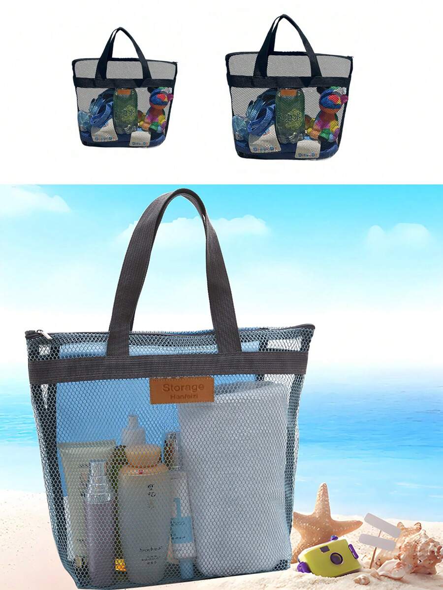 1pc Travel Beach Bag Toiletry Kit Handbag Outdoor Swimming Mesh Storage Tote Bag Portable Outdoor Storage Bag Suitable For Beach, Swimming, Camping, Hiking - Black - View 1