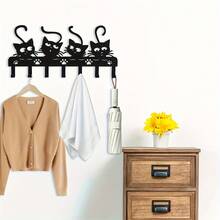 1 Stück schwarzer Eisen Katzen-förmiger Wandhalter mit 4 Katzenhaken, dekoratives Tier-Thema Heimdekoration, ohne Strom, leicht & vielseitig für Wohnzimmer, Schlafzimmer, Büro - Schwarz - Übersicht 5