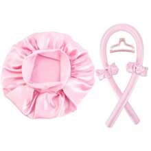 女士缎面睡帽套装，带发夹、发环、发带 - 防过敏、长发造型、轻松质感护发、含手动卷发棒、无香 - 沙龙品质发饰、发卷、无热卷发、卷发器、美发产品及理发沙龙配件美容旅行必备品 - 彩色 - 查看 5