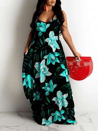 Plus Size Summer Holiday Floral & Leaf Print Dress