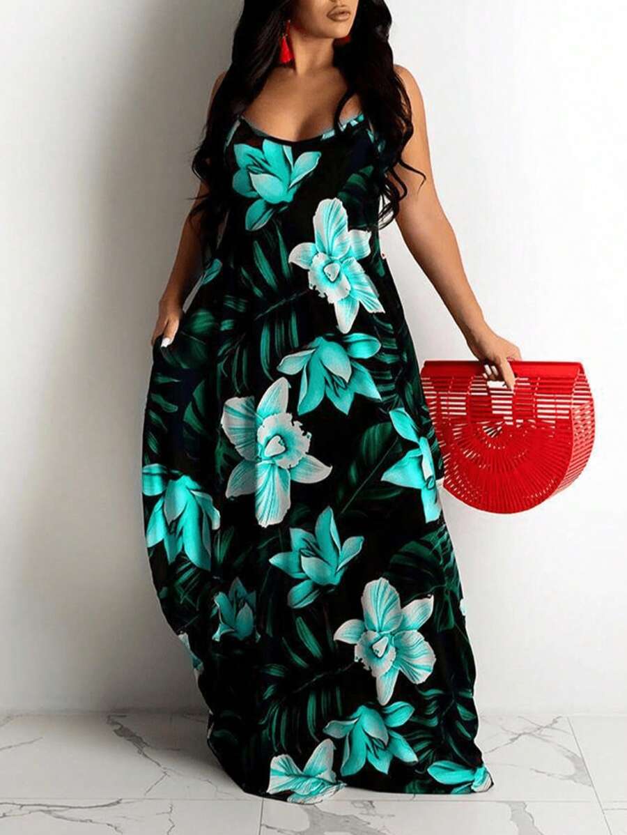 Plus Size Summer Holiday Floral & Leaf Print Dress Elegant Vacation Party - Multicolor - View 1