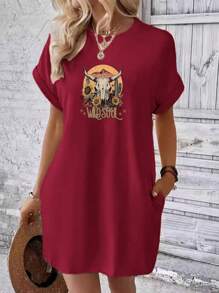 Women's Short Dresses With Chrysanthemum And Cow Head Print