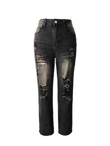 Calça jeans feminina retrô com lavagem especial para primavera/verão, calça jeans feminina slim fit, calça jeans para volta às aulas. - Cinza escuro - Ver 3