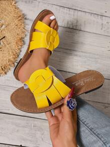 Korean Style Casual Flat Sandals For Women, Open Toe Woven Roman Summer Slippers Suitable For Spring Autumn, Fashion Flat Shoes For Dresses, Beach, Vacation - Yellow - View 5