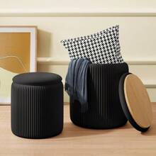 With Storage Set Of 2, White Ottoman Poufs Living Room, Sherpa Storage Ottoman Stool, Cute Teddy Foot Rest, White Makeup Vanity Stool Chair, Small Coffee Table - Black - View 1