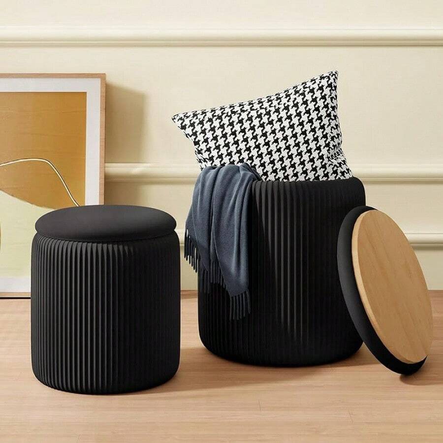 With Storage Set Of 2, White Ottoman Poufs Living Room, Sherpa Storage Ottoman Stool, Cute Teddy Foot Rest, White Makeup Vanity Stool Chair, Small Coffee Table - Black - View 1