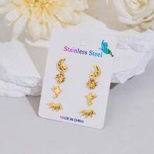 4 Pairs /Lot Simple And Stylish Stainless Steel Star Earrings, Star And Moon Earrings, Everyday Neutral Accessories, Popular Jewelry Gifts For Holiday Parties