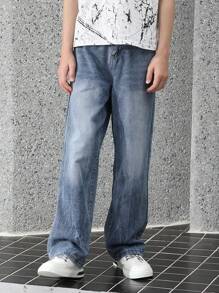 Retro Fashion Versatile Design Straight-Leg Jeans - Medium Wash - View 1