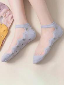 5 双女士多色什锦袜子，透明玻璃纤维，花卉底，轻质，透气针织面料，短袜，适合居家、通勤、派对、约会、节日礼物 - 彩色 - 查看 3