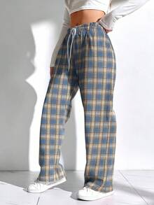 Pantalones largos de mujer, pantalones de cuadros estilo británico, casuales, nueva colección de verano 2025, pantalones rectos y holgados - Cuadros azules y blancos - Ver 2